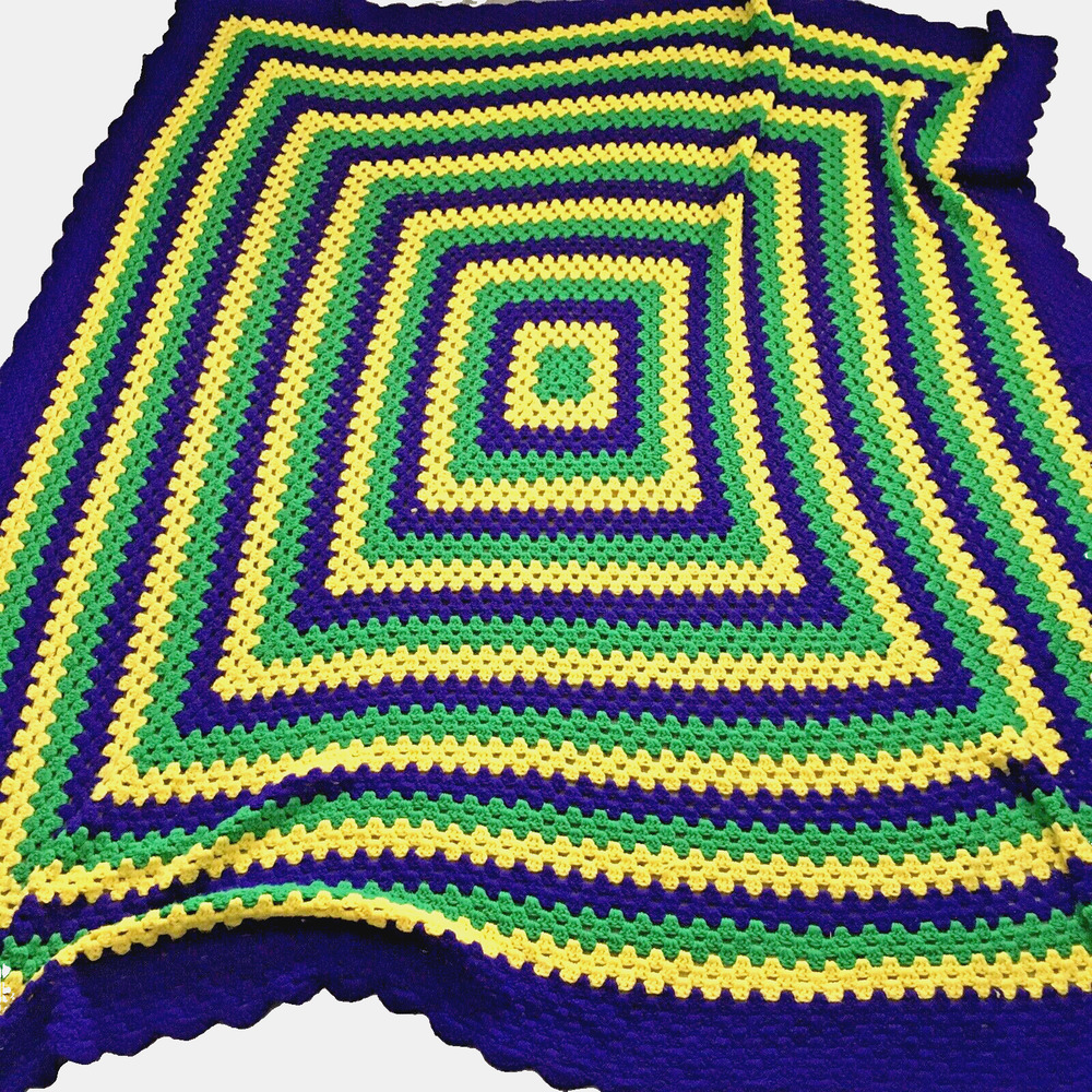 Handcrafted Crochet Blanket Or Throw Bright Purple, Green & Yellow‎ 74” X 92”